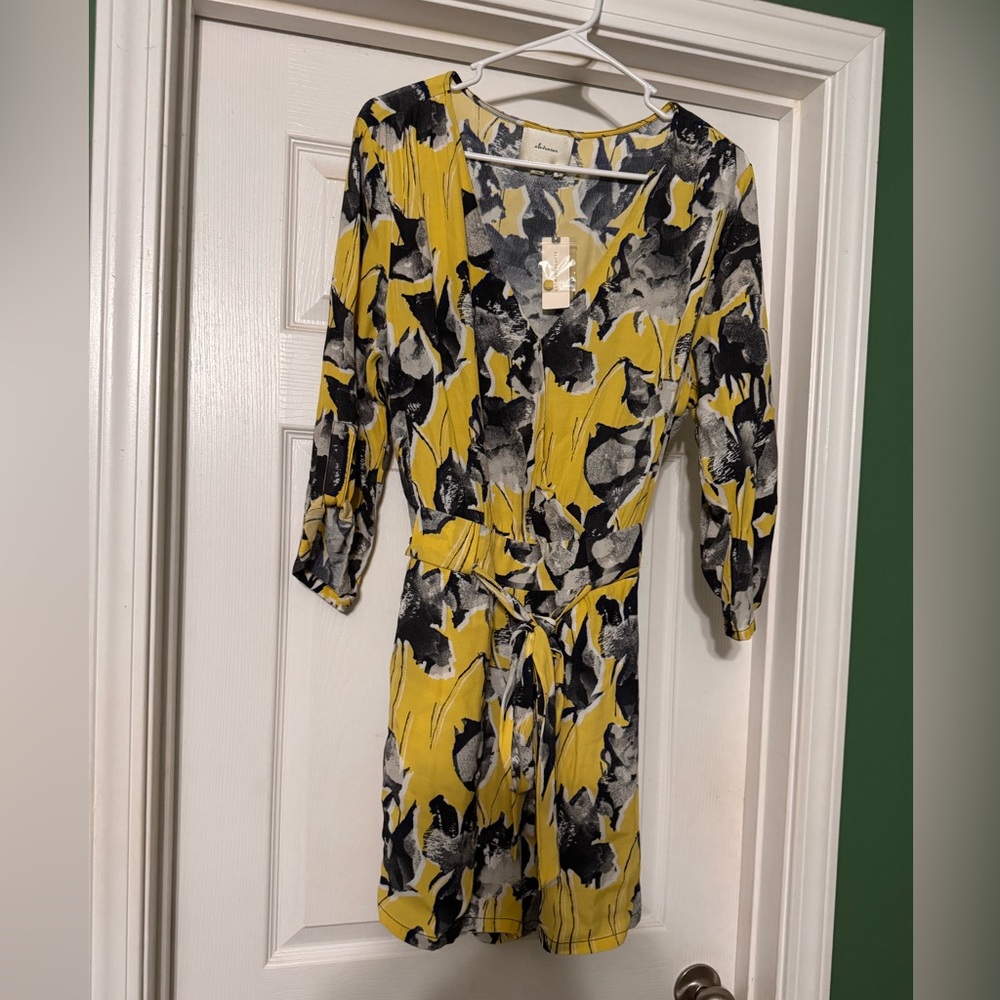 Anthropologie Elevenses Yellow Grey Somerset Shorts Romper medium